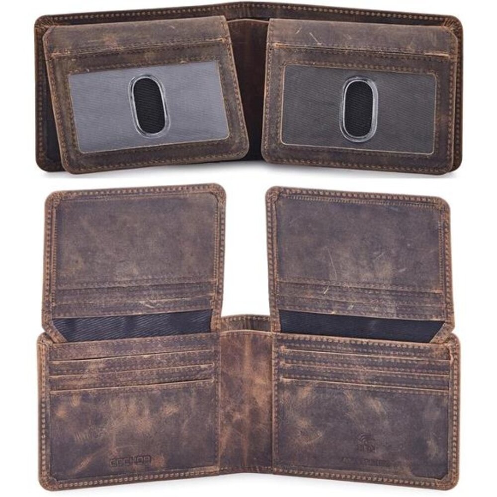 Mens Wallet Real Leather Bifold RFID Blocking High Capacity Card Case with 2 ID